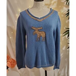 Vtg Christopher & Banks Hand Embroidered Moose Sweater Size XL Cabin Wool Blue